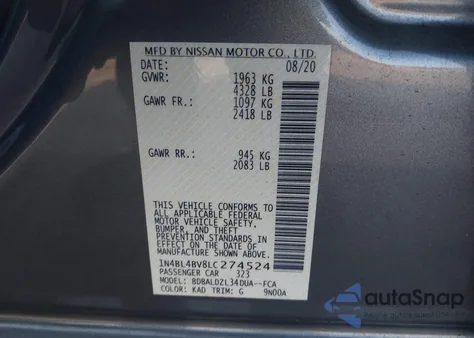 2020 Nissan Altima S Fwd z USA, uszkodzony, nr VIN 1N4BL4BV8LC274524